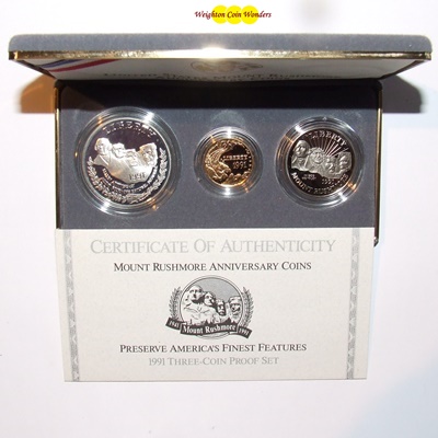 1991 USA $5, $1 & $1/2 3 Coin Set - MOUNT RUSHMORE